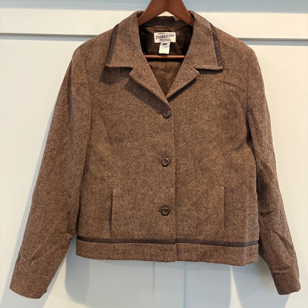 Vintage Pendleton Wool Jacket Womens 14 Brown Leather Trim Tweed Blazer Coat